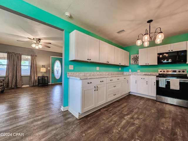 kitchen featuring white cabinets, hanging light fixtures, dark hardwood / wood-style flooring, and electric range