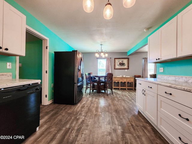 kitchen featuring black dishwasher, stainless steel refrigerator with ice dispenser, white cabinets, dark hardwood / wood-style floors, and pendant lighting