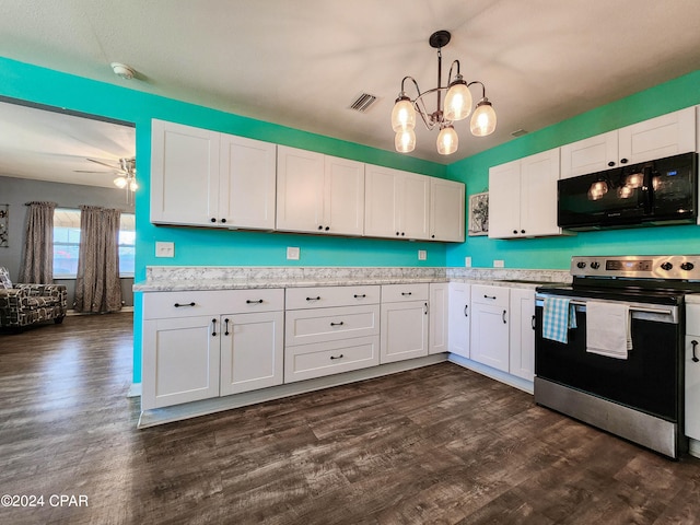 kitchen with ceiling fan with notable chandelier, decorative light fixtures, white cabinets, dark hardwood / wood-style flooring, and electric stove