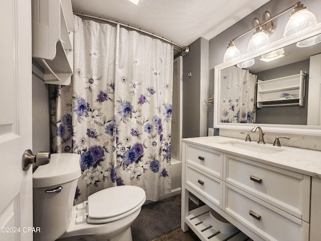 full bathroom featuring a textured ceiling, vanity, shower / bath combination with curtain, and toilet