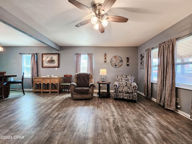 living area with ceiling fan, dark hardwood / wood-style floors, and a healthy amount of sunlight