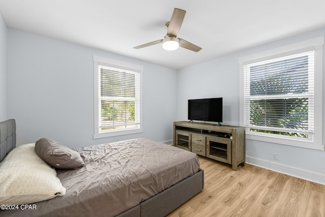 bedroom with ceiling fan and light wood-type flooring