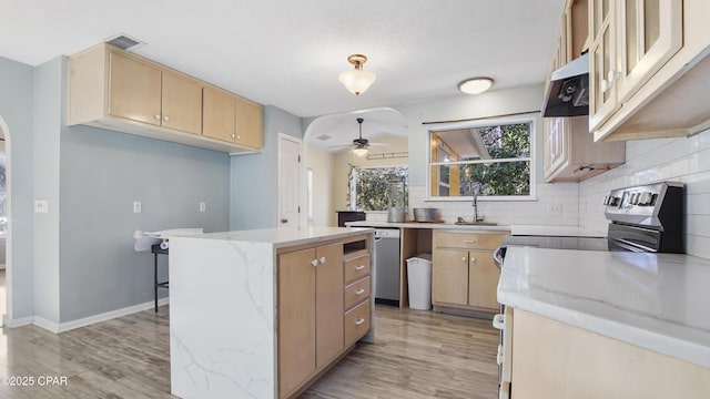 kitchen with tasteful backsplash, ceiling fan, a center island, stainless steel dishwasher, and a sink