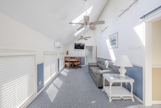 carpeted living room with high vaulted ceiling, a wall unit AC, ceiling fan, and a healthy amount of sunlight