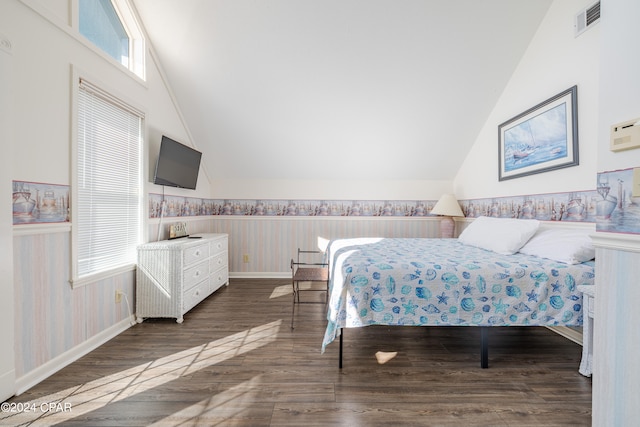 bedroom featuring multiple windows, dark wood-type flooring, and high vaulted ceiling