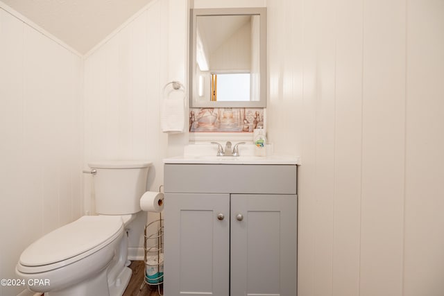 bathroom featuring vanity, wooden walls, toilet, and lofted ceiling