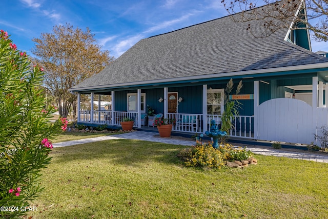 farmhouse-style home with a front yard and covered porch