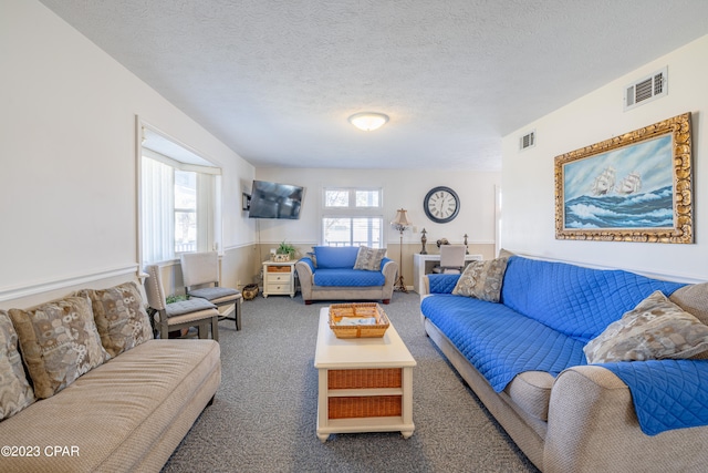 carpeted living room featuring a textured ceiling