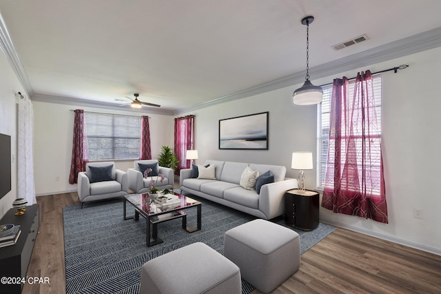 living room featuring crown molding, hardwood / wood-style floors, and a wealth of natural light