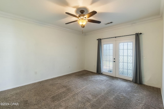 unfurnished room with ornamental molding, french doors, ceiling fan, and carpet