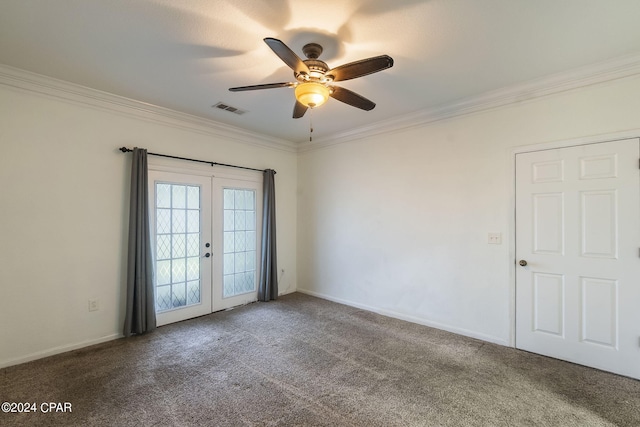 unfurnished room featuring crown molding, french doors, ceiling fan, and carpet flooring