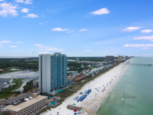 aerial view featuring a beach view and a water view