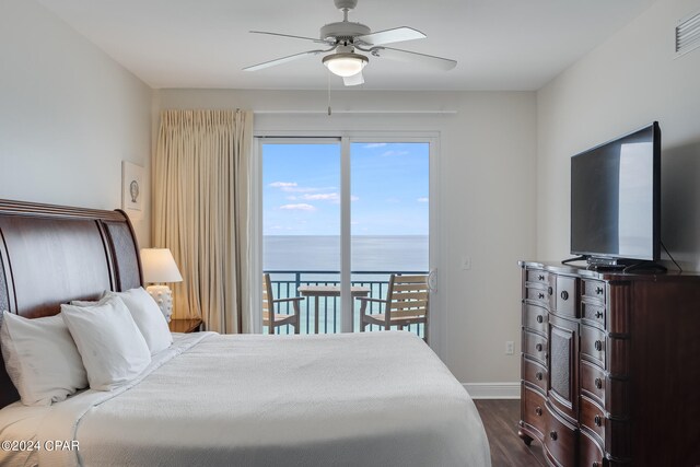 bedroom with access to outside, ceiling fan, and dark hardwood / wood-style flooring