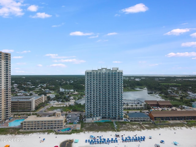 bird's eye view with a water view