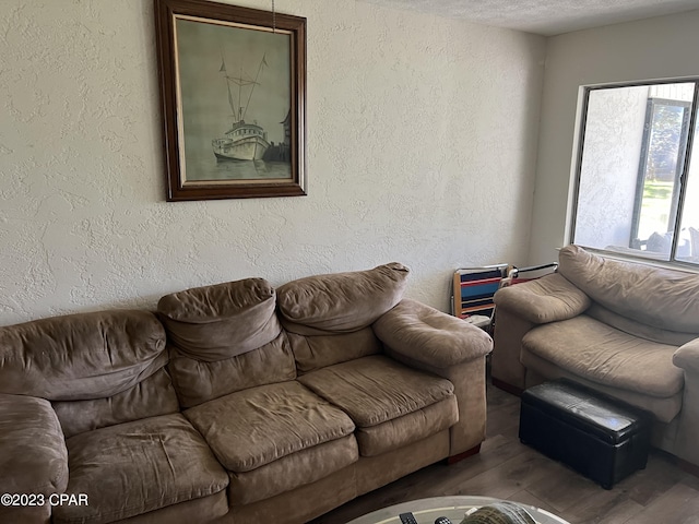 living area with a textured ceiling, a textured wall, and wood finished floors