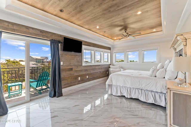 bedroom with wood ceiling, wooden walls, multiple windows, and access to outside