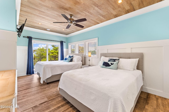 bedroom featuring wood-type flooring, wood ceiling, and ceiling fan