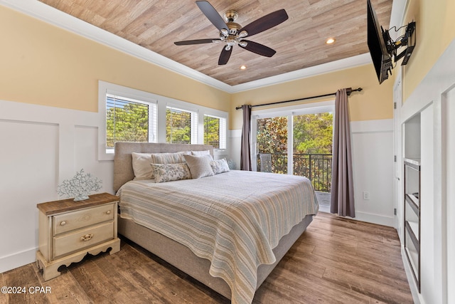 bedroom featuring wood ceiling, ceiling fan, access to outside, ornamental molding, and hardwood / wood-style floors