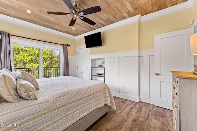 bedroom featuring ceiling fan, access to outside, ornamental molding, wood-type flooring, and wooden ceiling