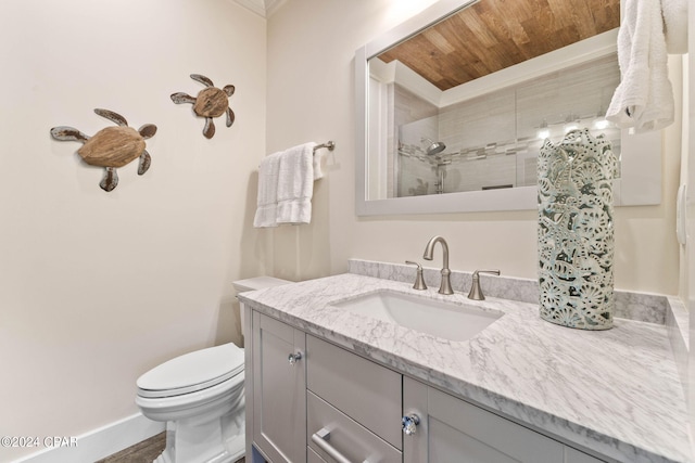 bathroom with vanity, toilet, wooden ceiling, walk in shower, and hardwood / wood-style floors