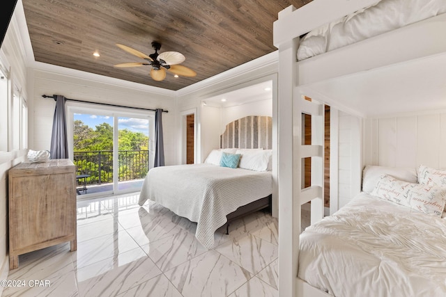 bedroom with ceiling fan, access to exterior, and wooden ceiling