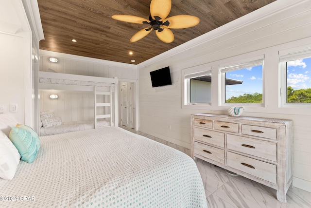 bedroom featuring wood ceiling and ceiling fan