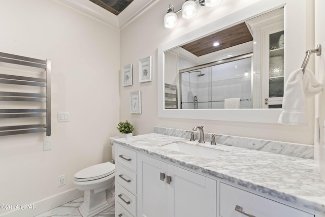 bathroom featuring radiator, a shower with shower door, ornamental molding, vanity, and toilet