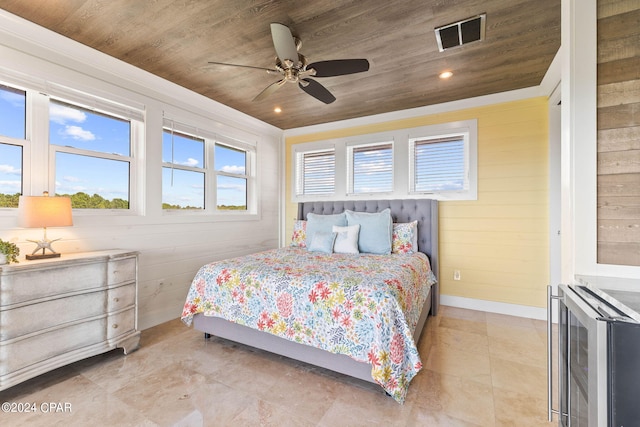 bedroom featuring wood ceiling, beverage cooler, ceiling fan, and wooden walls