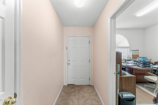 interior space featuring light colored carpet and a textured ceiling