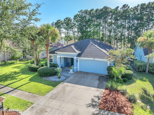 view of front of property with a garage and a front lawn