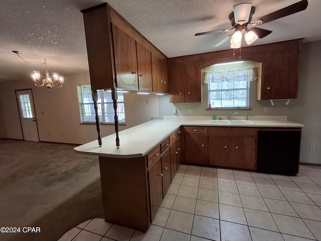 kitchen featuring black dishwasher, a textured ceiling, sink, and light carpet