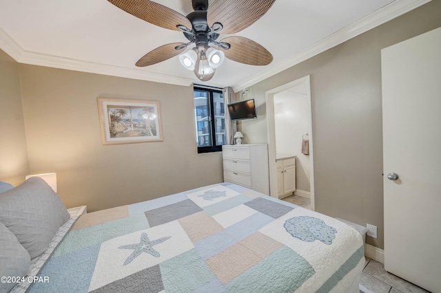 tiled bedroom featuring ceiling fan, ornamental molding, and ensuite bathroom