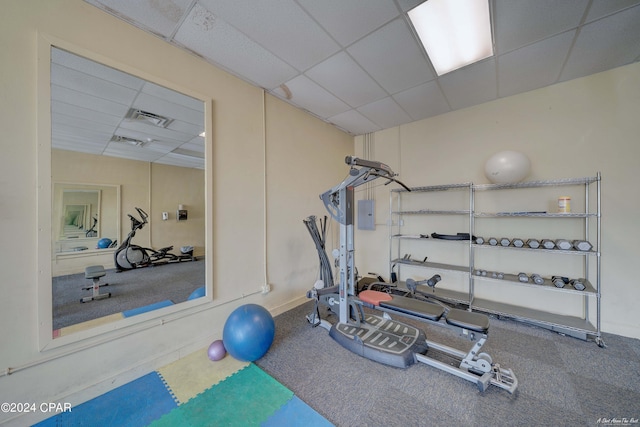 exercise room with carpet and a paneled ceiling