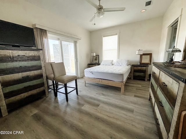 bedroom featuring multiple windows, ceiling fan, and wood-type flooring