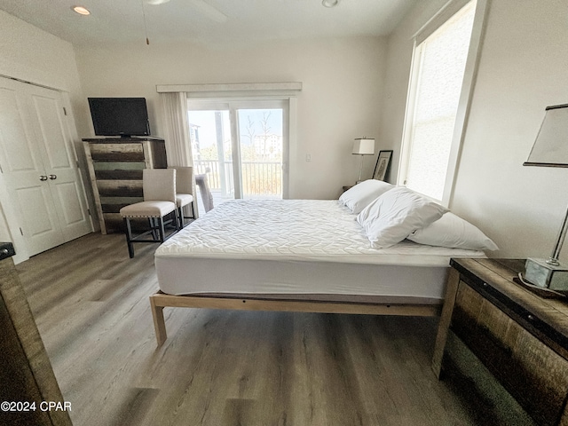 bedroom featuring hardwood / wood-style flooring and ceiling fan