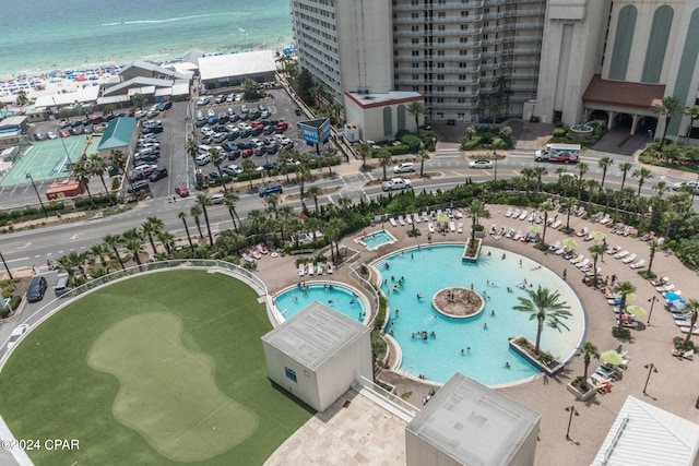 birds eye view of property featuring a water view