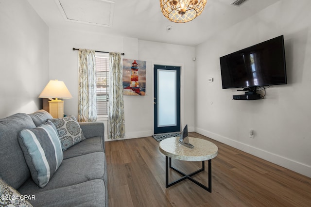 living room with dark wood-type flooring