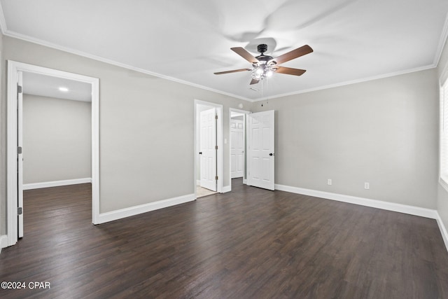 unfurnished bedroom featuring ceiling fan, dark wood-type flooring, and ornamental molding