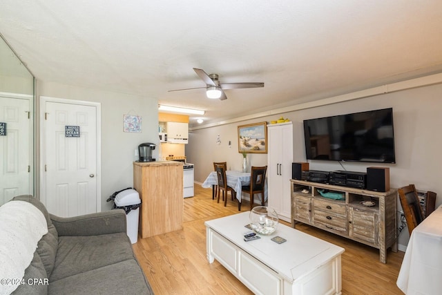 living room with a ceiling fan and light wood finished floors