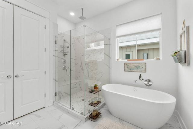 bathroom featuring independent shower and bath and tile patterned floors