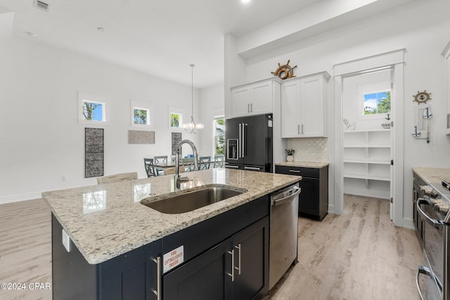 kitchen with stainless steel appliances, pendant lighting, sink, a center island with sink, and light hardwood / wood-style floors