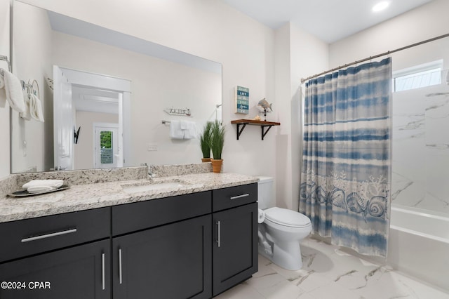 full bathroom featuring shower / tub combo, vanity, tile patterned flooring, and toilet