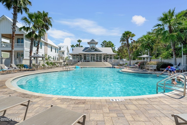 view of swimming pool featuring a patio area