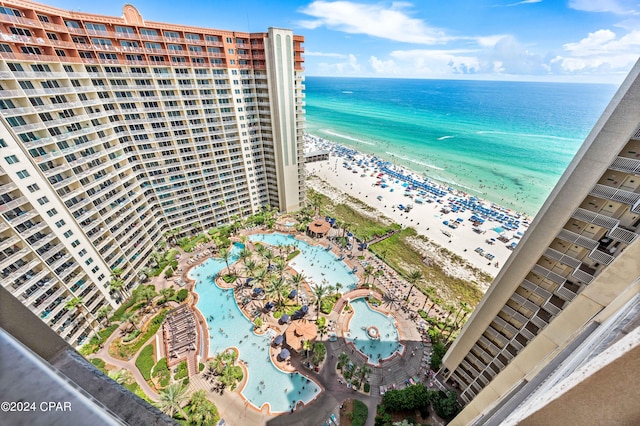 aerial view with a view of the beach and a water view