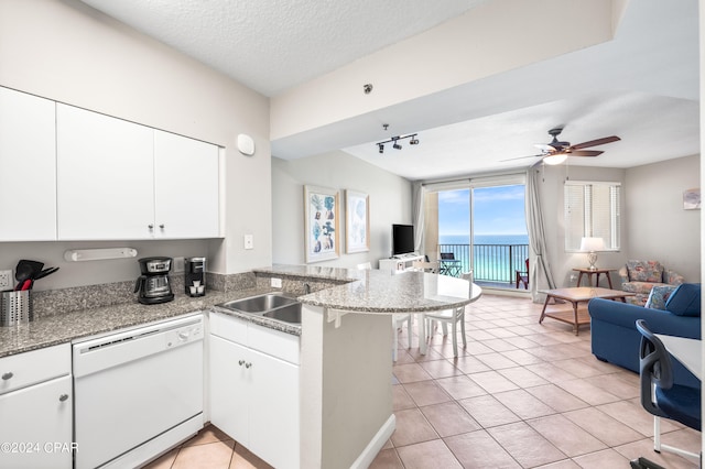 kitchen featuring ceiling fan, rail lighting, dishwasher, light stone counters, and kitchen peninsula