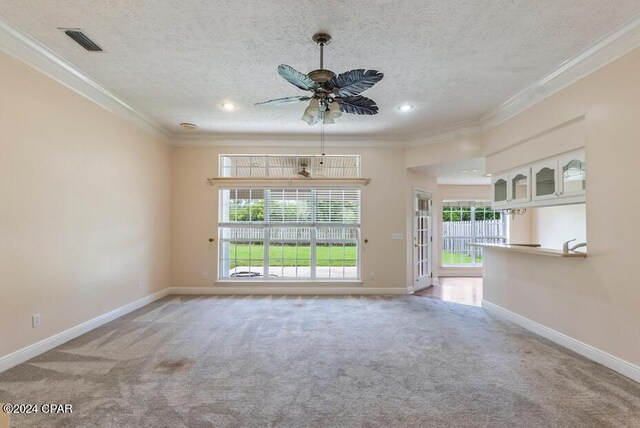 carpeted spare room featuring ceiling fan, ornamental molding, and a textured ceiling