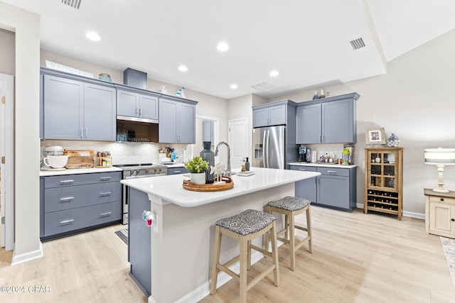 kitchen featuring tasteful backsplash, stainless steel appliances, a breakfast bar area, light hardwood / wood-style floors, and a kitchen island with sink