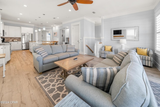 93 Emerald Cove Ln, Inlet Beach, FL 32461 - living area featuring ceiling fan, light wood finished floors, ornamental molding, visible vents, and recessed lighting