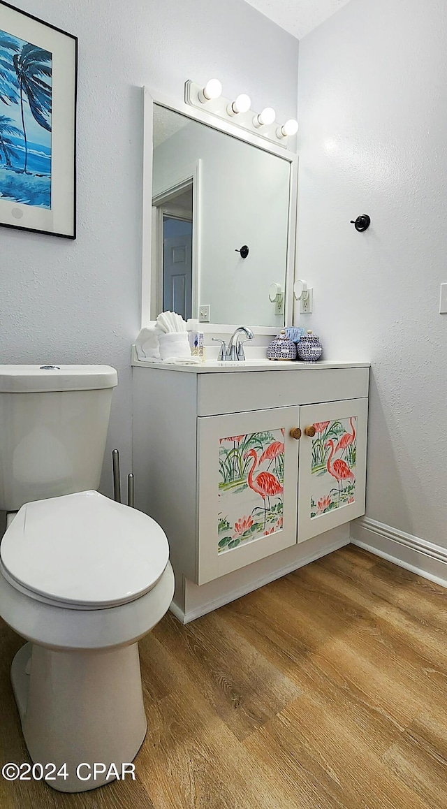 bathroom featuring vanity, toilet, and hardwood / wood-style flooring