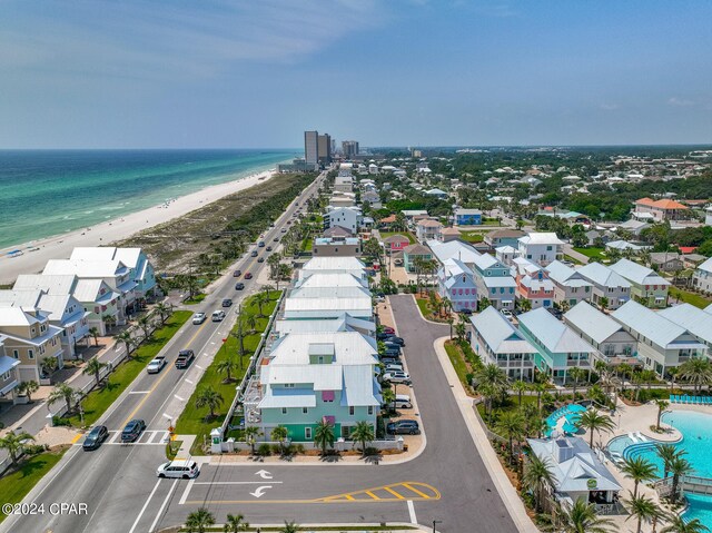 aerial view featuring a water view and a view of the beach